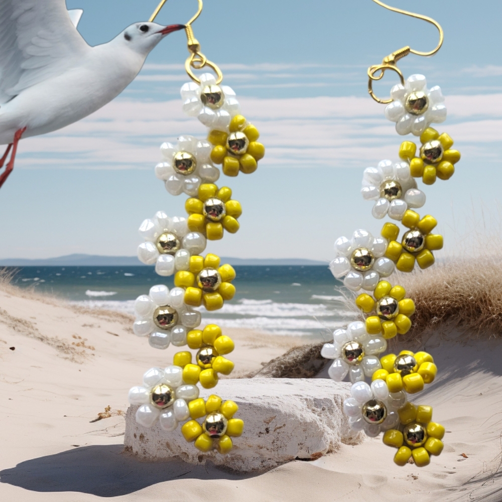 New* White and Yellow Flower  Beaded Earrings